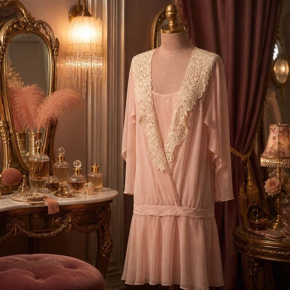 Vintage Casadei Pale Pink Drop Waist Chiffon Midi Dress with Lace Collar Detail